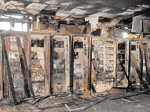 The control room of Sharavathi hydroelectric plant at Jog Falls in Shivamogga district which was damaged in the fire on Thursday. DH&#8200;photo