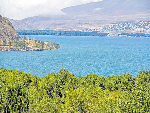 An eyeful Lake Sevan, a fresh water lake, flanked by mountains.