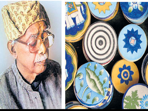 (Left) Kripal Singh Shekhawat, who revived the craft; Jaipur pottery with Indian motifs. Photos by author
