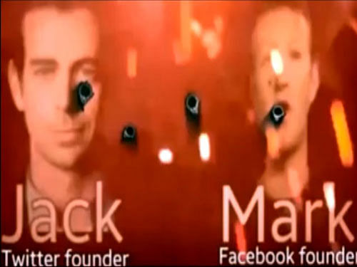 Pictures of Zuckerberg and Dorsey can be seen being blasted with a hail of bullets in the amateur footage which emerged. Screen grab.