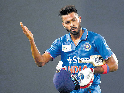 good finish: If not for some lusty hitting lower down the order by Hardik Pandya, the Indians would have struggled to post a challenging score against Bangladesh in the opening match of the Asia Cup. AP/ pti