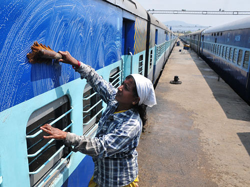 As part of the NDA government's Swachh Bharat programme, the Railways has given top priority for cleanliness in station as well as on train by installing bio-toilets and providing on board housekeeping services. DH file photo