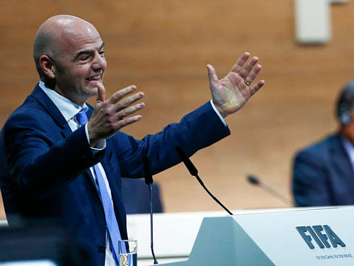 Newly elected FIFA President Gianni Infantino gestures as he speaks during the Extraordinary Congress in Zurich.  REUTERS