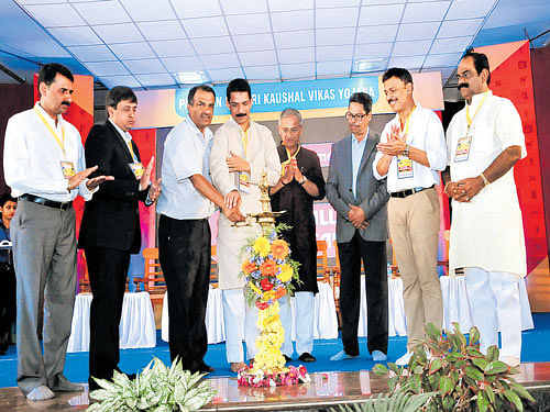 MP Nalin Kumar Kateel inaugurates the job and skill training camp, at Sahyadri College of  Engineering and Management in Adyar on the outskirts of Mangaluru on Saturday. Sahyadri College of Engineering and Management Chairman Manjunath Bhandary and MLC Capt Ganesh Karnik among others look on. DH photo