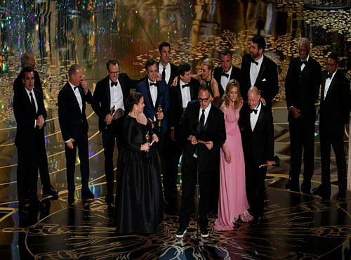 Producer Michael Sugar accepts the Oscar for Best Picture for his film 'Spotlight' with his fellow producers and cast at the 88th Academy Awards in Hollywood. Reuters photo