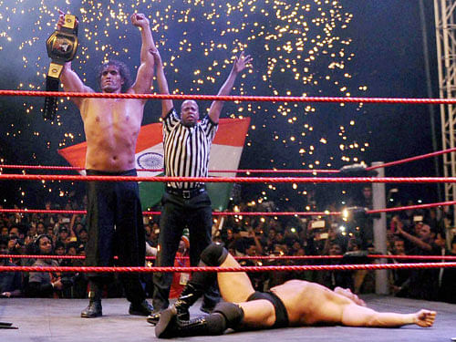 Former WWE wrestler Dilip Singh Rana alias the great Khali after defeating Canadian wrestler Brody Steel in Dehradun on Sunday. PTI Photo