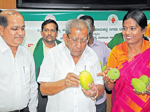 Horticulture Minister Shamanur Shivashankarappa,  Horticulture Director S B Boomanahalli and Mango Development and Marketing Corporation chairperson M Kamalakshi Rajanna at a seminar in the City on Tuesday. dh photo