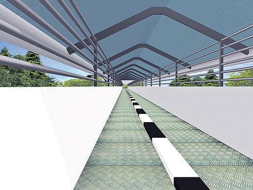 Inside and top views of the elevated two-wheeler corridors conceptualised with solar panel routes and wind turbines.