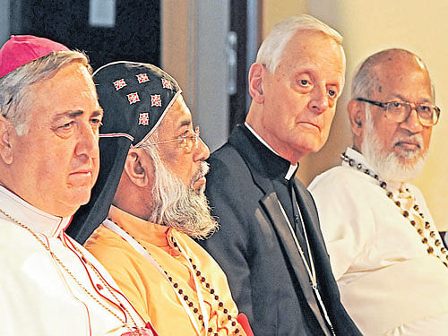 Pope's ambassador to India Archbishop Salvatore Pennacchio, president of the Catholic  Bishops' Conference of India Cardinal Baselios Cleemis Thottunkal, Archbishop of Washington  Cardinal Donald Willam Wuerl and Syro-Malabar Archbishop Cardinal Maran Mar George Alencherry at the 32nd general body meeting of the Catholic Bishops' Conference of India in the City on Wednesday. DH photo