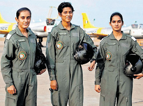 The three cadets, Avani Chaturvedi, Mohana Singh and Bhawna Kanth, who will be inducted into the Indian Air Force on June 18 as the first batch of women fighter pilots. PTI