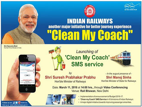 As per the scheme which is part of the rail budget 2016-17 proposals, for any cleaning in a coach, a passenger can send an SMS to 58888. Image courtesy Twitter.