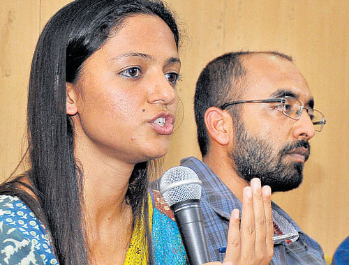 Raising questions: Shehla Rashid Shora, vice-president, JNU Students Union, speaks at an event in the City on  Friday. Former JNUSU president Akbar Chawdhary is also seen. DH&#8200;photo