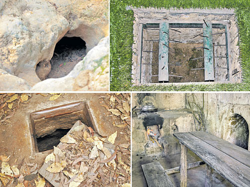 Intricate: (Clockwise from top left ) One of the entrances of Cu Chi Tunnels; a booby trap set to incapacitate American soliders  during the Vietnam War; an underground kitchen; a well-camouflaged exit.