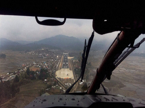 An aerial view of the runway from the cockpit of the Indian Air Force aircraft at Ziro in Arunachal Pradesh. Indian Air Force got a major boost on Saturday as it will now be able to operate flights from high-altitude places with the help of 'Advanced Landing Grounds' in Ziro and Along in the state. PTI photo