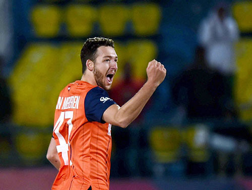 Unstoppable: Netherlands Paul van Meekeren celebrates after taking a wicket. AP/PTI