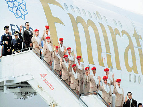 Staff of Emirates A380 airline welcome President Pranab Mukherjee (unseen) at the inauguration of the 5th  edition of the biennial India Aviation 2016 at Begumpet Airport in Hyderabad on Wednesday. PTI