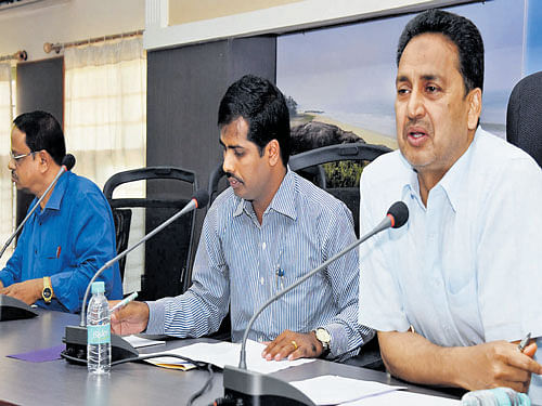 Deputy Commissioner A B Ibrahim speaks at a meeting on the security of temples in  Mangaluru on Friday. DH Photo