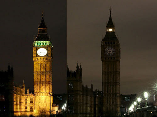 This combination picture shows the Houses of Parliament before (L) and after the lights were switched off for Earth Hour in London, Britain March 19, 2016. REUTERS