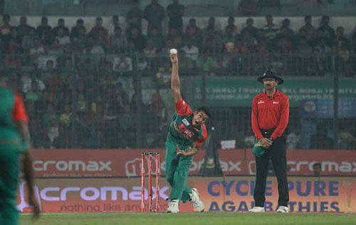 Taskin and his team-mate, left-arm spinner Arafat Sunny, were reported for suspected illegal bowling action by the match officials during Bangladesh's opening match against the Netherlands. Image courtesy: twitter