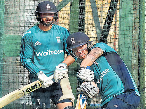 fine-tuning England's Jason Roy (right) plays a shot as James Vince waits for his turn during a training session in New Delhi on Friday. PTI