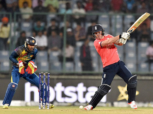 England's batsman Jason Roy plays a shot against Sri Lanka during the World Cup T20 match at Firozshah Kotla in New Delhi on Saturday. PTI Photo