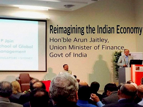 Union Finance Minister Arun Jaitley delivering the a lecture on 'Reimagining the Indian Economy'  at S P Jain School of Global Management in Sydney, Australia on Tuesday. PTI Photo