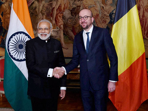 Prime Minister Narendra Modi with his Belgian counterpart Charles Michel at a meeting in Brussels, Belgium on Wednesday. PTI Photo