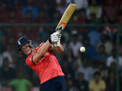 England's Jason Roy plays a shot against New Zealand during the ICC T20 world cup Semi Final match at Feroz Shah Kotla Stadium in New Delhi on Wednesday.PTI Photo