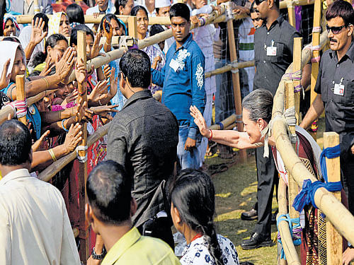 poll wave: Congress president Sonia Gandhi at an election rally in Bishwanath Chariali in Sonitpur on Wednesday in Assam. Ujjal Deb