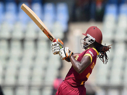 Stafanie Taylor of West Indies in action during the ICC Women's WT20 match against New Zealand at Wankhede Stadium in Mumbai on Thursday. PTI Photo