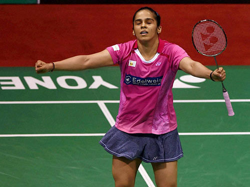 India's Saina Nehwal celebrates after her quarterfinal victory over Korean Hyun Sung Ji in the Yonex-Sunrise India Open 2016, in New Delhi on Friday. PTI Photo