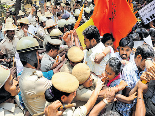 Police arrest ABVP members who were protesting against  II PU&#8200;chemistry exam paper leak in front of the PU Board  office in Bengaluru on Friday.
