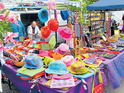 Aussie spirit Colourful hats on sale at the Salamanca weekly market.