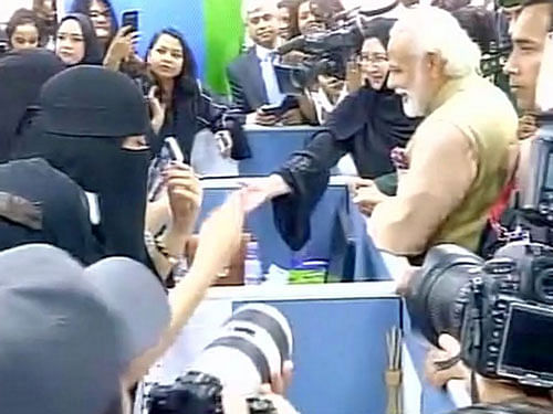 PM Modi interacts with employees of TCS all women IT & ITES Centre in Riyadh. Courtesy: ANI