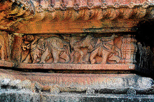 Violent elephants on the basement moulding of the Vidyashankara Temple at Sringeri. photo by author