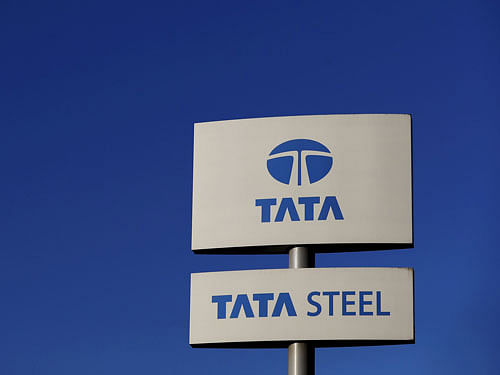 File photo of company logo seen outside the Tata steelworks near Rotherham in Britain. REUTERS