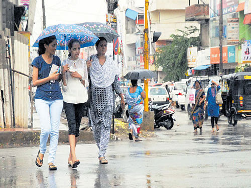 Girls bring out theirumbrellas as rain lashed Chikkamagaluru on Saturday. DH Photo