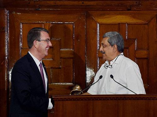 Union Defence Minister Manohar Parrikar and his US counterpart Secretary of Defense Ashton Carter during a joint Press Conference at South Block in New Delhi on Tuesday. PTI Photo