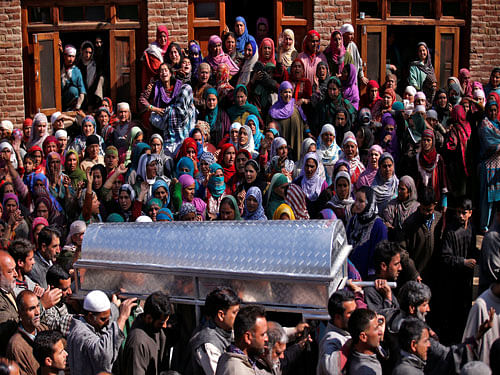 Hundreds of Kashmiris on Wednesday participated in the funeral prayers of Begum who was wounded after Indian security forces fired on protesters on Tuesday in north Kashmir's Handwara town, local media reported. Begum passed away in a hospital on Wednesday. Reuters Photo.