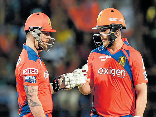 Double trouble: Gujarat Lions' openers Brendon McCullum (left) and Aaron Finch will look to get their side off to a  flier when they face Mumbai Indians on Saturday.