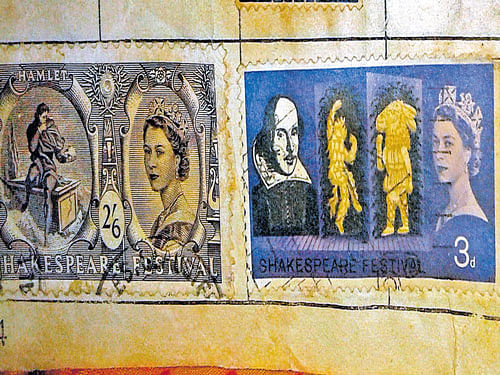 postage celebration Commemorative Shakespeare stamps issued in 1964 in the UK. Photo by author