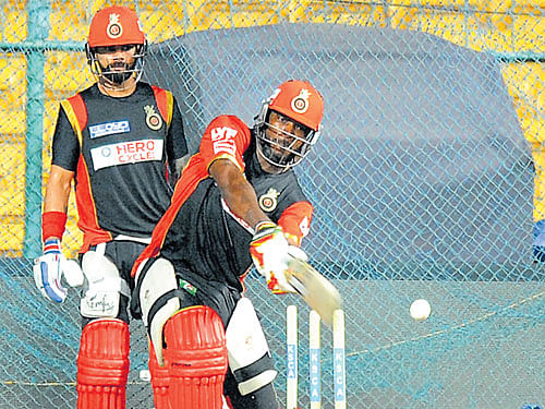 Two to tango: RCB skipper Virat Kohli (left) will be hoping some of his form rubs off on the under-performing Chris Gayle when his side face Delhi Daredevils at the Chinnaswamy Stadium on Sunday. DH PHOTO/ SRIKANTA&#8200;SHARMA&#8200;R