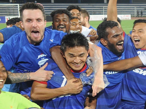 Bengaluru FC were today crowned as I-League football champions for the second time in three years as they blanked Salgaocar 2-0 in their penultimate league match. DH Photo Kishor Kumar Bolar