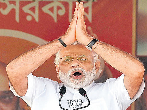 Prime Minister Narendra Modi addresses a rally at  Krishnanagar in Nadia district of West Bengal on Sunday. PTI