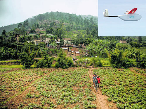 zipping across skies: Rwanda is set to become the first country with a drone delivery network. The new system will be capable of making 50 to 150 daily deliveries of blood and emergency medicine to Rwanda's 21 transfusing facilities. Inset phot of a Zipline drone. nyt