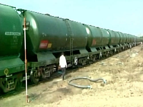 50-wagon water train carrying 25 lakh litre water reached parched Latur today. Courtesy: ANI