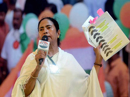 West Bengal Chief MInister and TMC Supremo Mamata Banerjee addresses during an election campaign in support of her party candidate at North 24 Pargana district of West Bengal on Wednesday. PTI Photo
