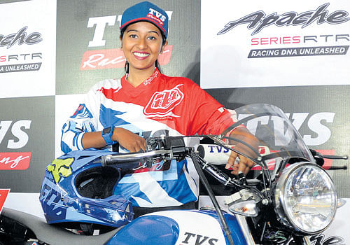 GEARED UP: Bengaluru's Shreya Sunder Iyer after she was unveiled as one of the riders for TVS Racing on Tuesday. DH PHOTO