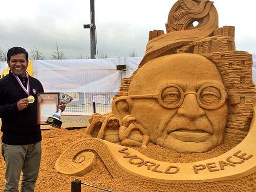Renowned sand artist Sudarsan Pattnaik today won gold medal in an international sand art championship in Russia.. Courtesy: ANI