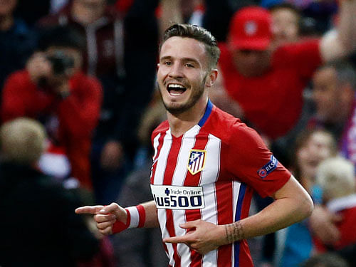 STUNNING EFFORT: Saul Niguez celebrates after scoring the first goal for Atletico Madrid. Reuters photo